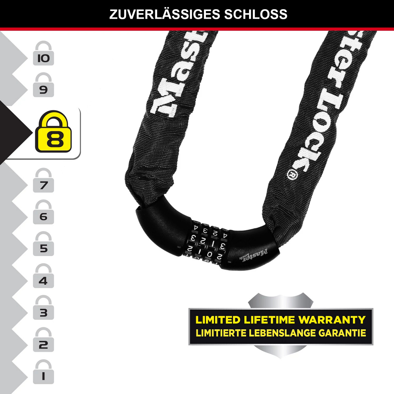Master Lock 8392EURPRO Kette aus gehärtetem Stahl mit integriertem individuell einstellbaren Kombina